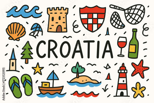 Travel and tourism flat icon set featuring croatia symbols and landmarks