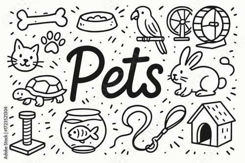 Pet care outline icon set. animals, supplies, and accessories outline icons collection