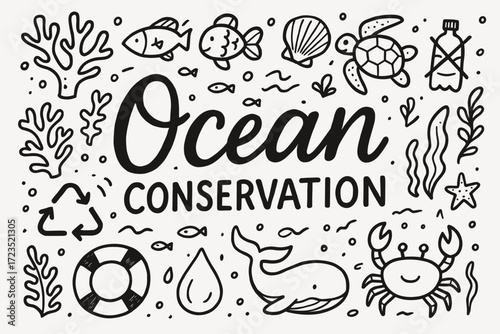 Ocean conservation line icon set. marine life and recycling symbols.