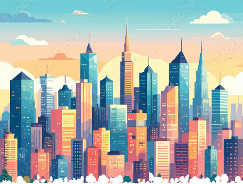Generative shape fill vector template cityscape illustration with colorful buildings and sunset sky