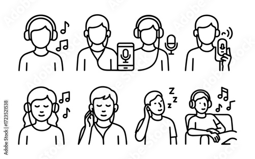 Music and podcast icons set. People listening with headphones, earphones and microphone. Outline vector illustrations