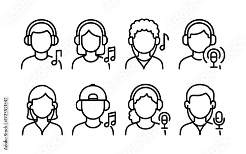 Music and podcast icons set. People listening with headphones, earphones and microphone. Outline vector illustrations