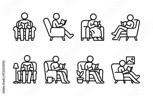 Reading icons set. People sitting in armchair with book, blanket, lamp, mug and plant. Outline vector illustrations