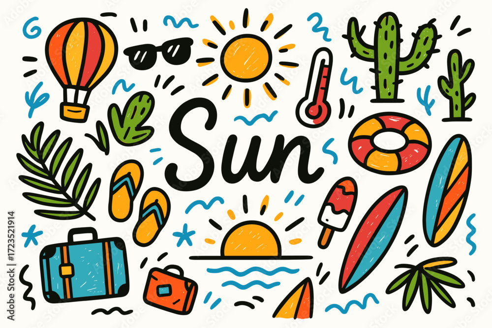 Fototapeta premium Summer doodle icon set. fun, vibrant outline icons for vacation and outdoor activities