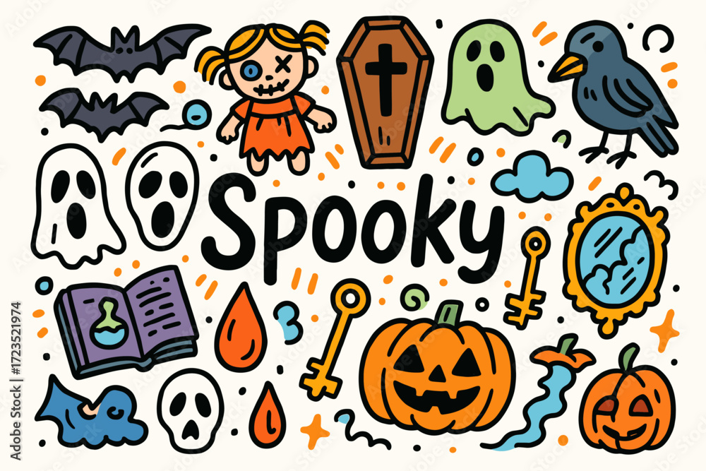Fototapeta premium Halloween, spooky doodle icon set. fun, creepy, outline collection for festive designs