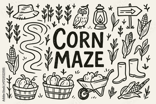 Corn maze outline icon set. hand-drawn fall, harvest, pumpkin, lantern, owl icons.