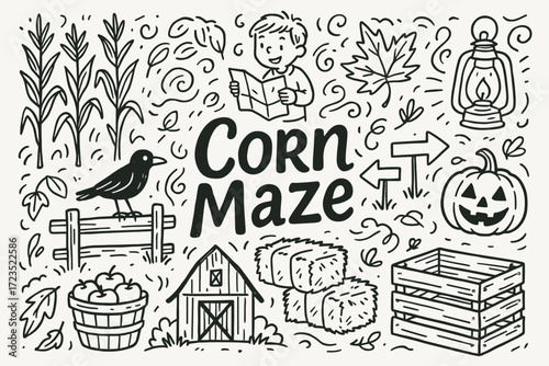 Corn maze outline icon set. autumn, harvest themed simple line icons collection