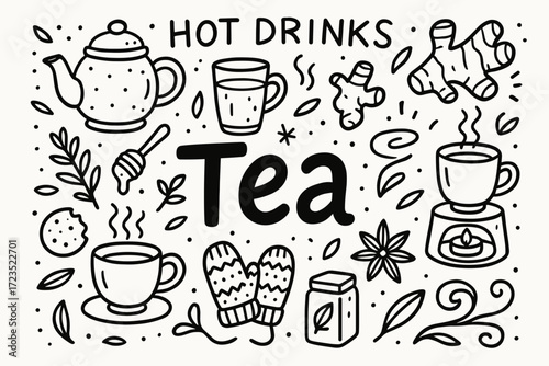 Hot drinks tea outline icon set. cozy, herbal beverage icons collection.