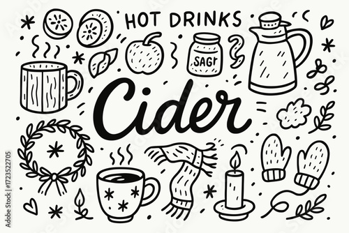 Hot drinks outline icon set. cozy winter beverage icons collection.