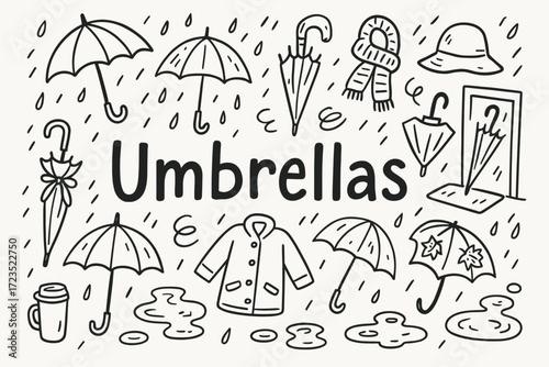 “umbrellas and rain elements outline icon set. weather, rain gear, umbrella icons”
