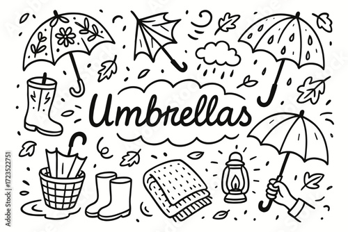 Umbrella and rain elements outline icon set. perfect for weather illustrations.