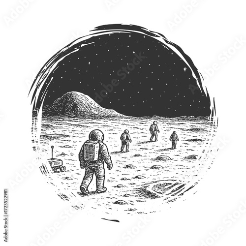 Hand-drawn astronauts walking on lunar surface with craters and mountains under vast outer space.