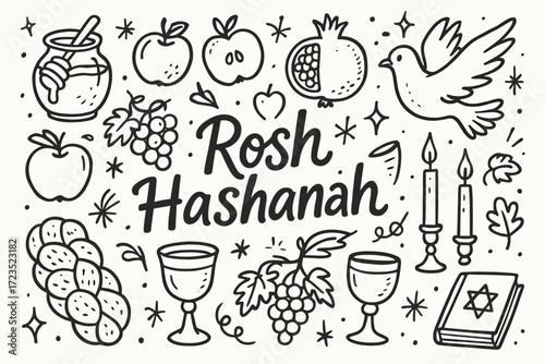 Rosh hashanah outline icon set. jewish new year, celebration symbols and traditions icons