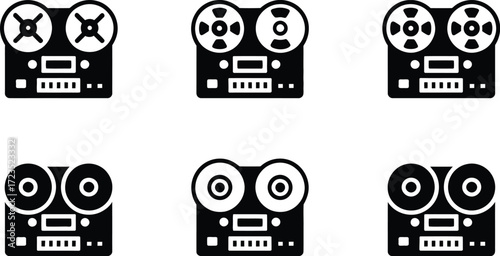 Vintage reel to reel tape recorder vector illustration set for audio recording