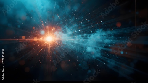 Abstract Futuristic Light Burst with Glowing Blue and Orange Energy Rays, Digital Cosmic Explosion Effect, Sci-Fi Technology Background for Innovation, Space, and Modern Design.