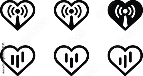 Heart signal wifi connection love technology wireless internet vector icons set