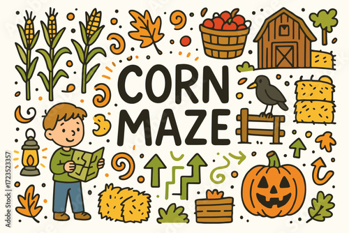 Corn maze outline icon set. harvest, farm, autumn, halloween outline icons collection