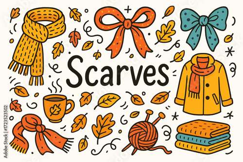 Autumn fashion and scarves icon set. cozy scarves outline icon collection