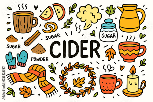 Cider flat icon set. cozy autumn drinks and seasonal elements collection