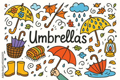 Umbrella, weather flat icon set. rain, fall, seasonal outline icons collection.