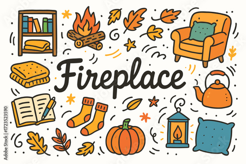 Cozy fireplace flat icon set. autumn, warmth, relaxation in a fashionable style.