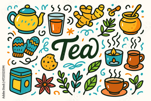 Tea, herbal beverage flat icon set. cozy tea time icons collection.