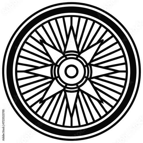 Minimalist motorcycle wheel line art design with classic spoke and rim detail