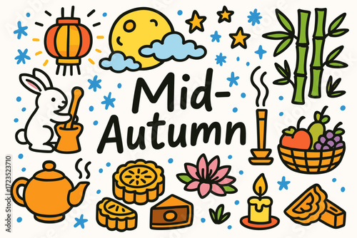 Mid-autumn, harvest festival icon set. celebration, lunar festivities flat collection