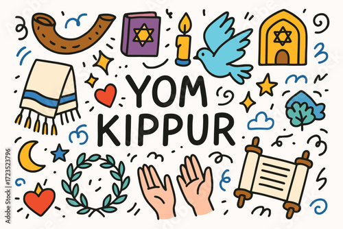Yom kippur flat icon set. jewish holiday symbols and traditions collection.