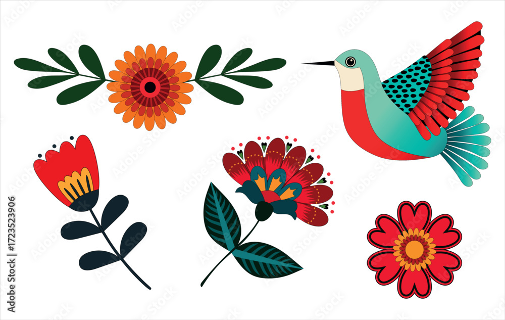 Obraz premium Set of Mexican flowers and bird. Mexican ethnic motifs for holiday decoration. Vector illustration for creating posters, banners, stickers, invitations, cards. 