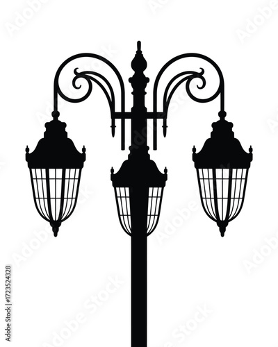 Elegant black silhouette three-light street lamp vector illustration scalable eps icon silhouette vector illustration white background