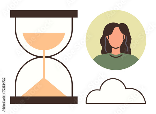 Hourglass with flowing sand, a female avatar with wavy hair, and a simple cloud. Ideal for time, productivity, mindfulness, technology, planning human connection simplicity. Clean flat metaphor