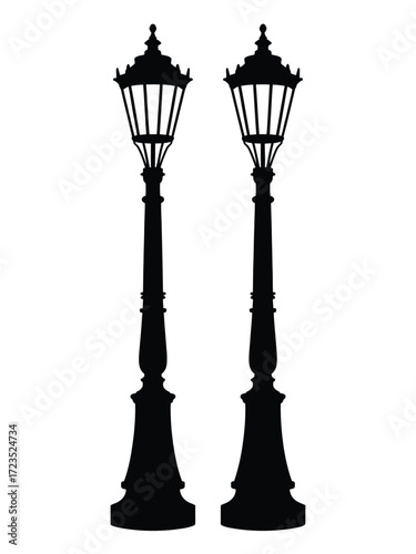 Elegant vector silhouette of two ornate vintage street lamps for scalable vector graphics eps silhouette vector illustration white background