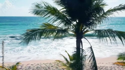 Tropical Beach Scene With Palm Trees Ocean Waves And Sand Under A Bright Sunny Sky View From Above