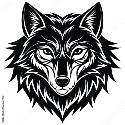 Tribal wolf head illustration with bold lines and a fierce expression suitable for banners and advertisements