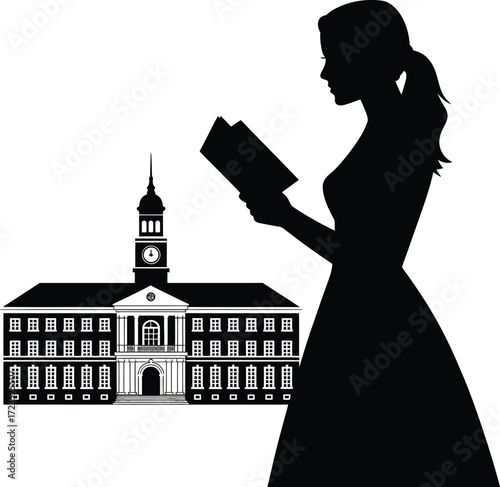 Silhouette of woman reading book at university college campus education scene
