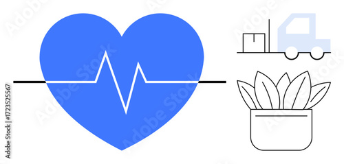 Blue heart with ECG line, delivery truck carrying box, and potted plant representing health, logistics, and eco-consciousness. Ideal for healthcare, wellness, delivery, environment sustainability