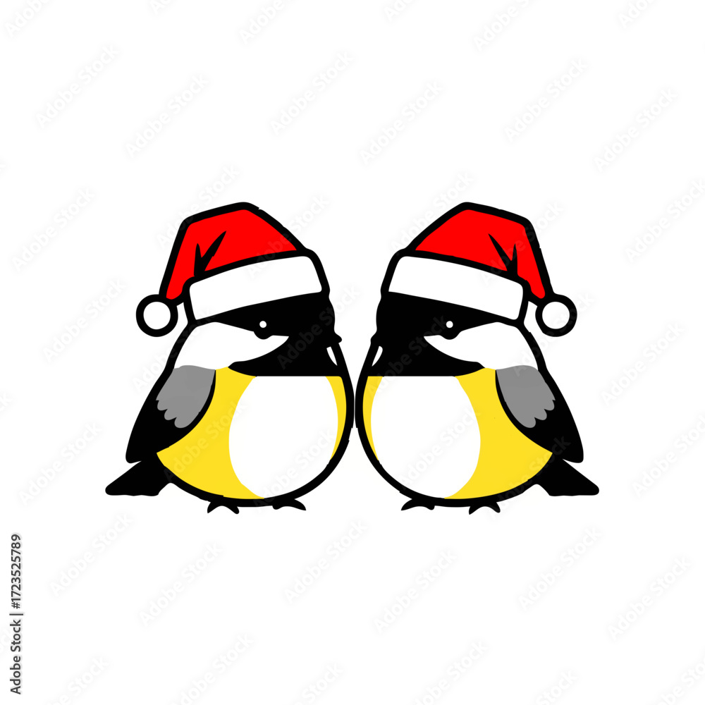 Fototapeta premium Two Chickadees Wear Santa Hats for Christmas