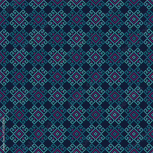 seamless floral pattern. A dark blue pattern with turquoise and magenta diamond motifs.