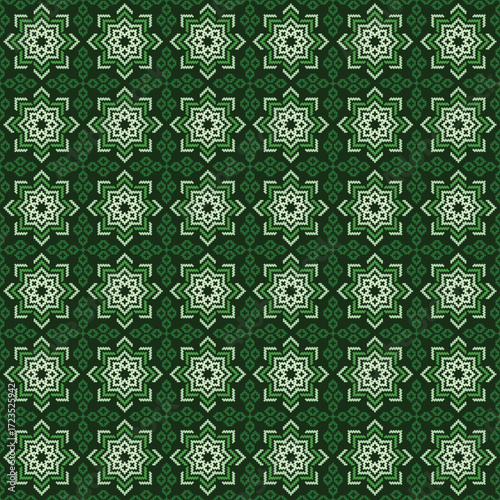 seamless floral pattern.  A green pattern with bright star-like floral arrangements.