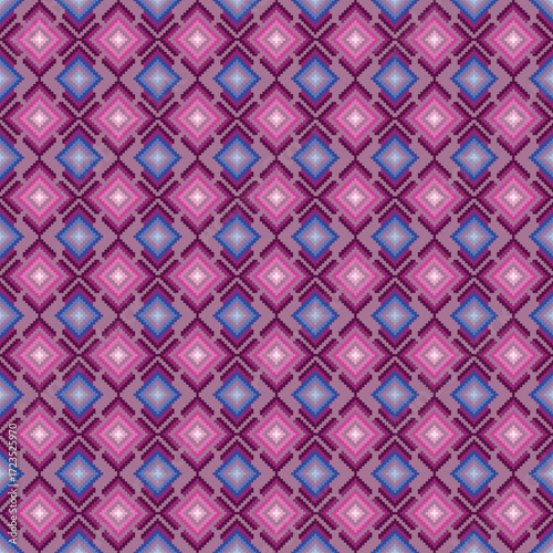 seamless geometric pattern, A purple-pink pattern with layered diamond shapes in cool tones.