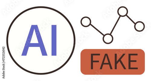AI in bold text within a circle, connected data nodes, FAKE in red. Ideal for technology, data integrity, misinformation, digital ethics, fake content detection AI usage online security. Simple