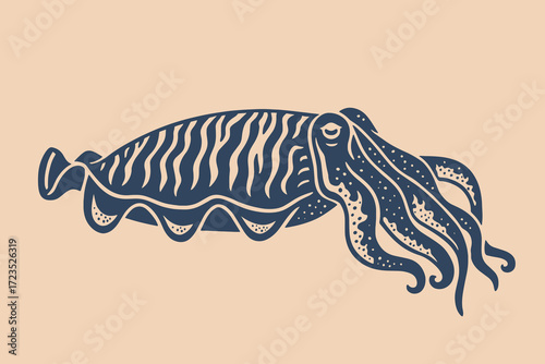Cuttlefish engraving style blue on beige vector illustration