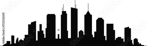 Black city skyline silhouette, urban architecture outline, modern skyscraper horizon, famous landmark buildings, metropolitan downtown view, travel destination, vector illustration, minimalist design