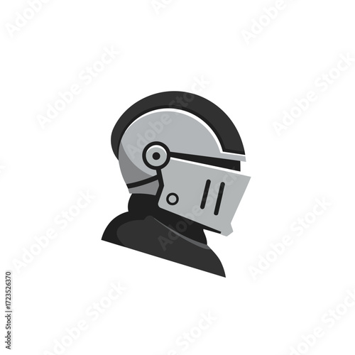 Stylized flat design illustration of a medieval knight's helmet in profile, featuring grey and black colors.