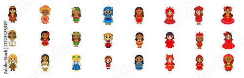 A vibrant collection of pixel art characters showcasing diverse people and cultural representations in a charming digital style, ideal for game development, UI elements, or educational projects