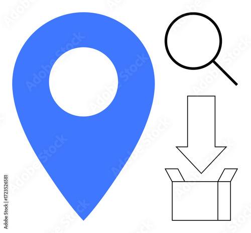 Blue location pin, magnifying glass, downward arrow, and open box convey search, location, discovery, delivery, storage organization and logistics. Ideal for navigation business e-commerce