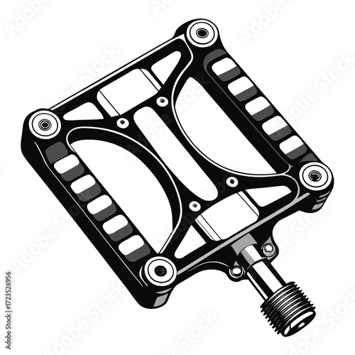 Detailed illustration of a bicycle pedal with intricate mechanical components in black and white