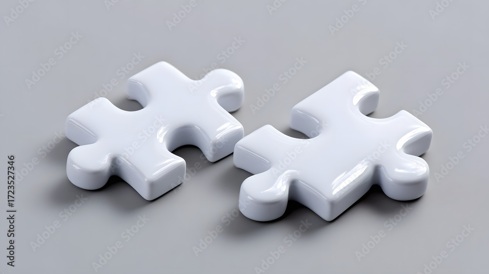 Fototapeta premium Two white puzzle pieces coming together, representing the concepts of coope n, teamwork, and problem-solving to achieve a common goal or solution.