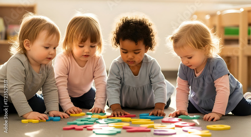 Adorable toddlers playing together learning alphabet colorful letters early childhood education daycare preschool development child care kids toddlers group learning